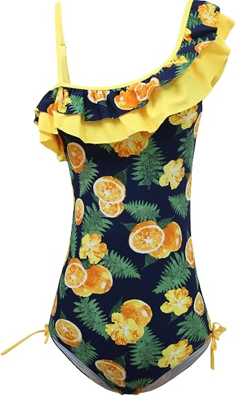 Girls Lemon Double Ruffle One Shoulder Adjustable Swimwear Fashionable One Piece Bathing Suit5y-16y