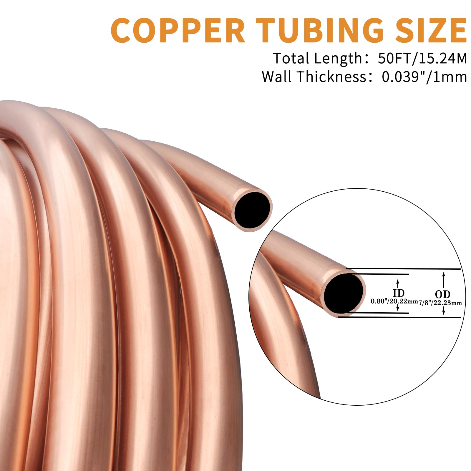 Tubo de cobre de 7/8 pulgadas de diámetro exterior x 0.8 pulgadas de diámetro interior x 50 pies, tubo de cobre puro, tubo redondo de tubería de metal, bobina de cobre, aire acondicionado