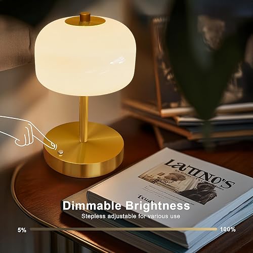Miniatura 4 de Oneach Lámpara de mesa inalámbrica de 9 pulgadas, lámpara recargable dorada con pilas, lámparas táctiles de atenuación continua de 3 vías, luz de