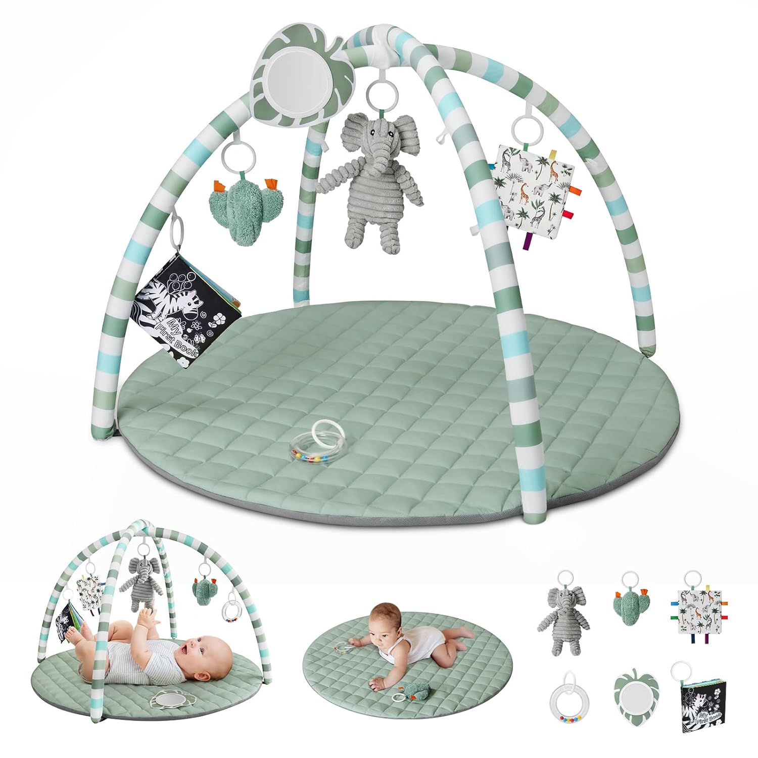 Blissful Diary Baby Play Gym Mat, Alfombrilla de Actividades con 6 Juguetes Desmontables, Verde Salvia
