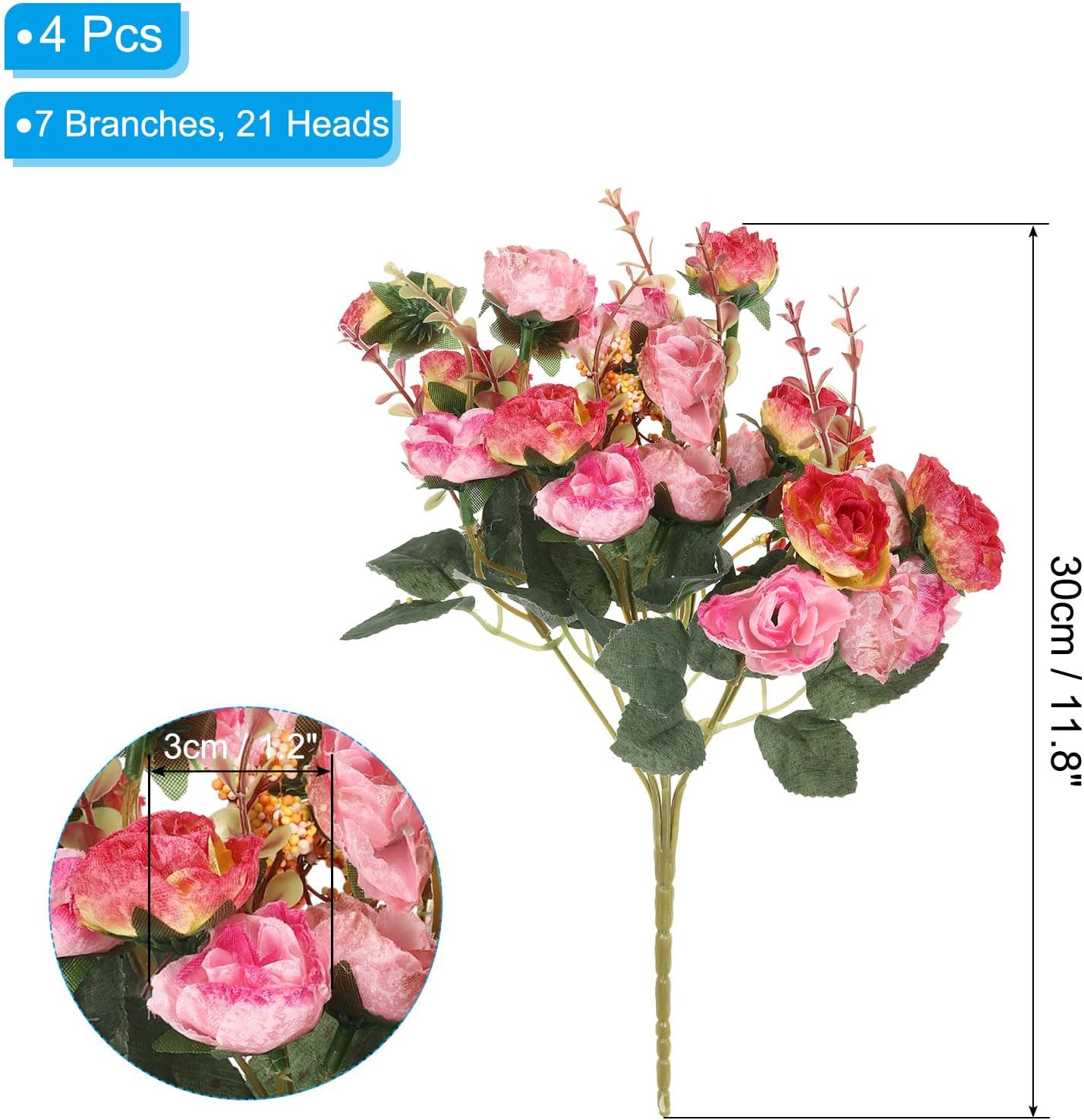 PATIKIL 7 Branch 21 Heads Artificial Silk Mini Rose with Stem, 4 Pack Fake Flowers Leaf Rose Decor Bouquet for Wedding Home Office Decoration, Pink