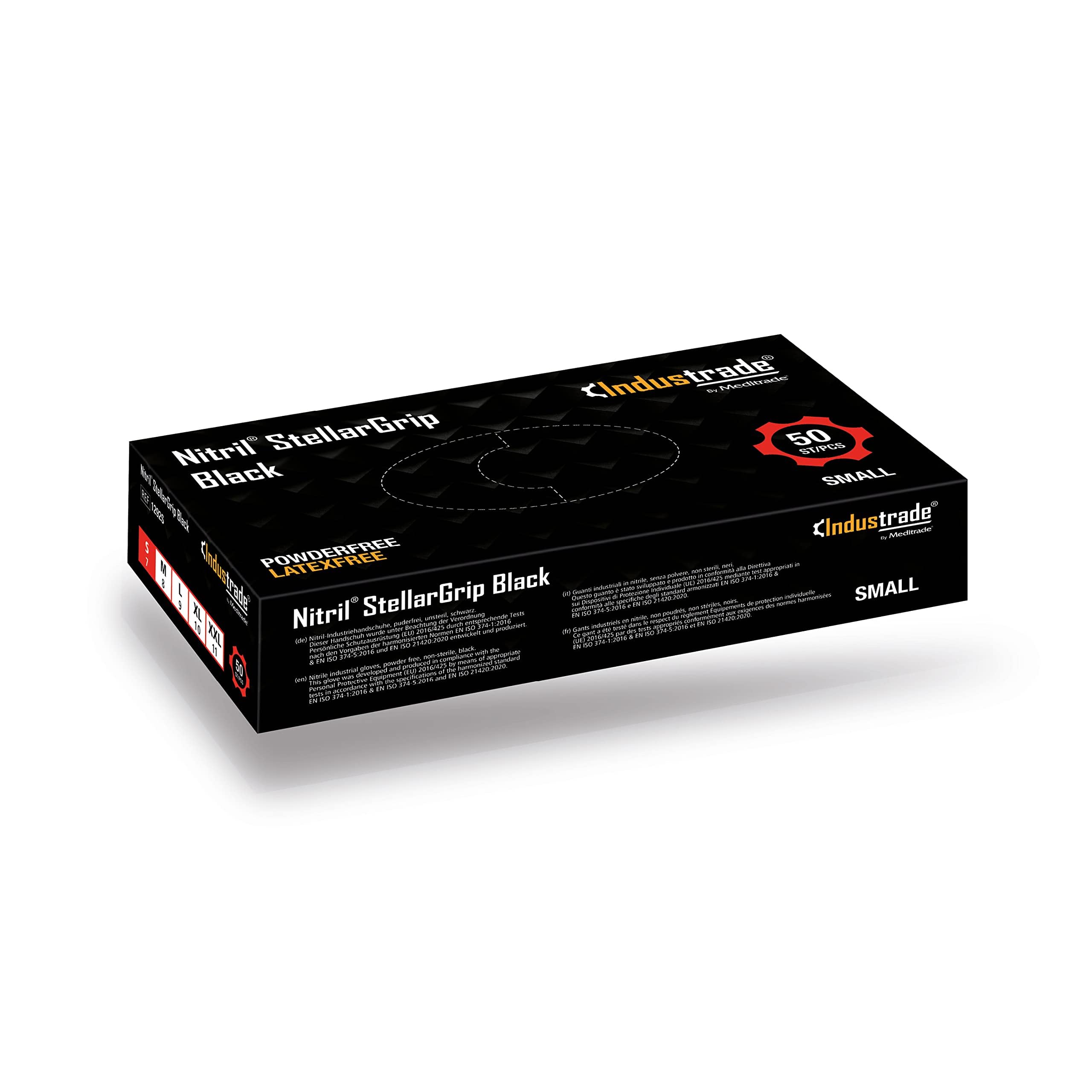 Industrade by Meditrade NITRIL StellarGrip Black Nitrile Industrial Gloves - Diamond Texture for Enhanced Grip - Powder & Latex Free Disposable Gloves - 6.5g Thickness - Small - 50pcs