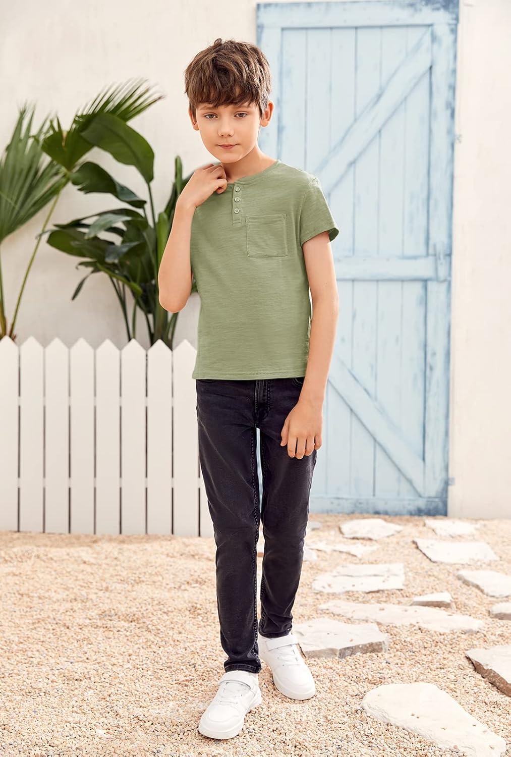 GAMISOTE Kids Boys Henley Shirts Solid Button Down Short Sleeve Pocket Casual Tops Tees - Image 7