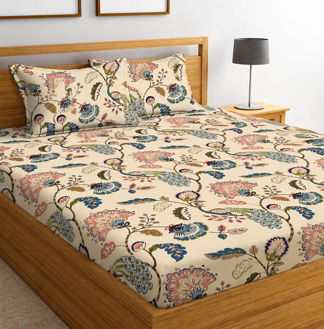 DECORUM Cotton Feel Glace Cotton Fitted Bedsheet King Size (72"x78")| All Around Elastic| 2 Pillow Covers (17"x27")| Fits Up to 8" Mattress| 220 TC|Soft, Wrinkle-Free |Perfect for Home Decor & Gifting