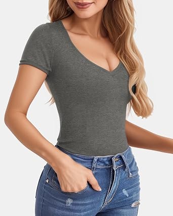 CLOZOZ Deep V Neck T Shirts for Women Sexy Short Sleeve Slim Fit Summer Top | Going Out Date Night, Casual Everyday Wear, Low Cut Plunge, Stretchy Soft Fabric, Lightweight Breathable