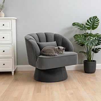Swivel Armchair, Mid-Century Barrel Chair with Pillow Modern Accent Chair, 360  Upholstered Thick Tub Chair, Comfortable Lounge Chair with Track Arms for Bedroom, Apartment, Office, Gray