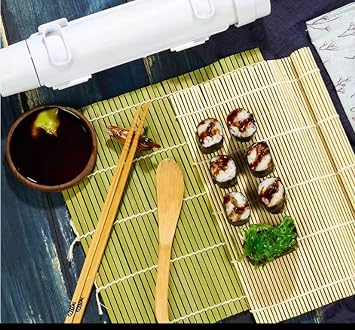 Sushi Making Kit 16 Pcs - Bazooka Maker with 2 Bamboo Mats and 4 Chopsticks with Bag, Paddle, Spreader, DIY Sushi Roller Machine for Beginners with Cook Book
