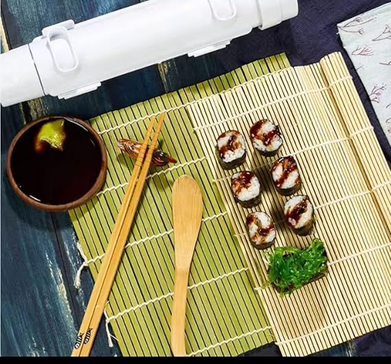 Sushi Making Kit 16 Pcs - Bazooka Maker with 2 Bamboo Mats and 4 Chopsticks with Bag, Paddle, Spreader, DIY Sushi Roller Machine for Beginners with Cook Book