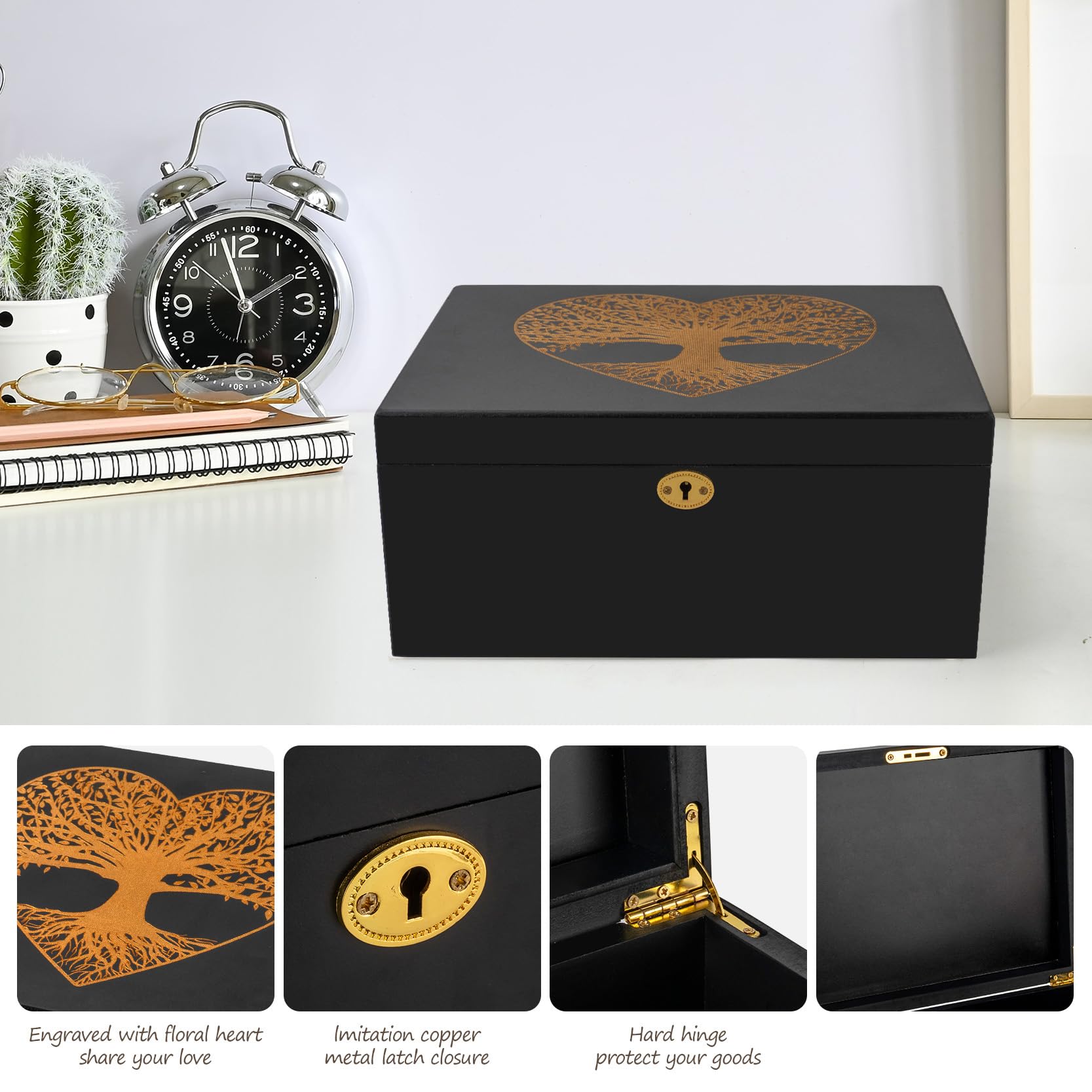 Tree of Life Cajas de recuerdo de madera más grandes con tapas con bisagras y marco de fotos de bloqueo dentro de la tapa, caja de almacenamiento decorativa con tapa de bisagra para cápsula de tiempo
