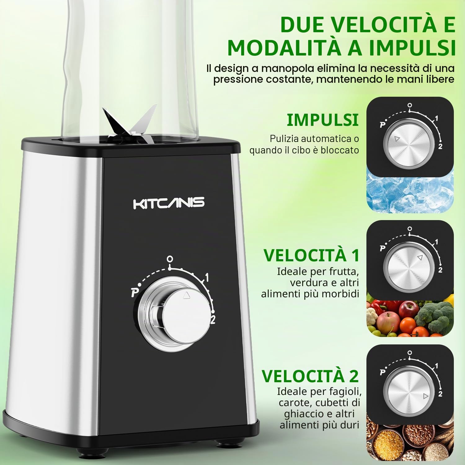 KITCANIS Mini frullatore 3 in 1, frullatore elettrico 800W, 3 velocità regolabili, 2 bottiglie portatili da 600 ml e tazza da 300 ml per gelato, frutta, verdura, noci