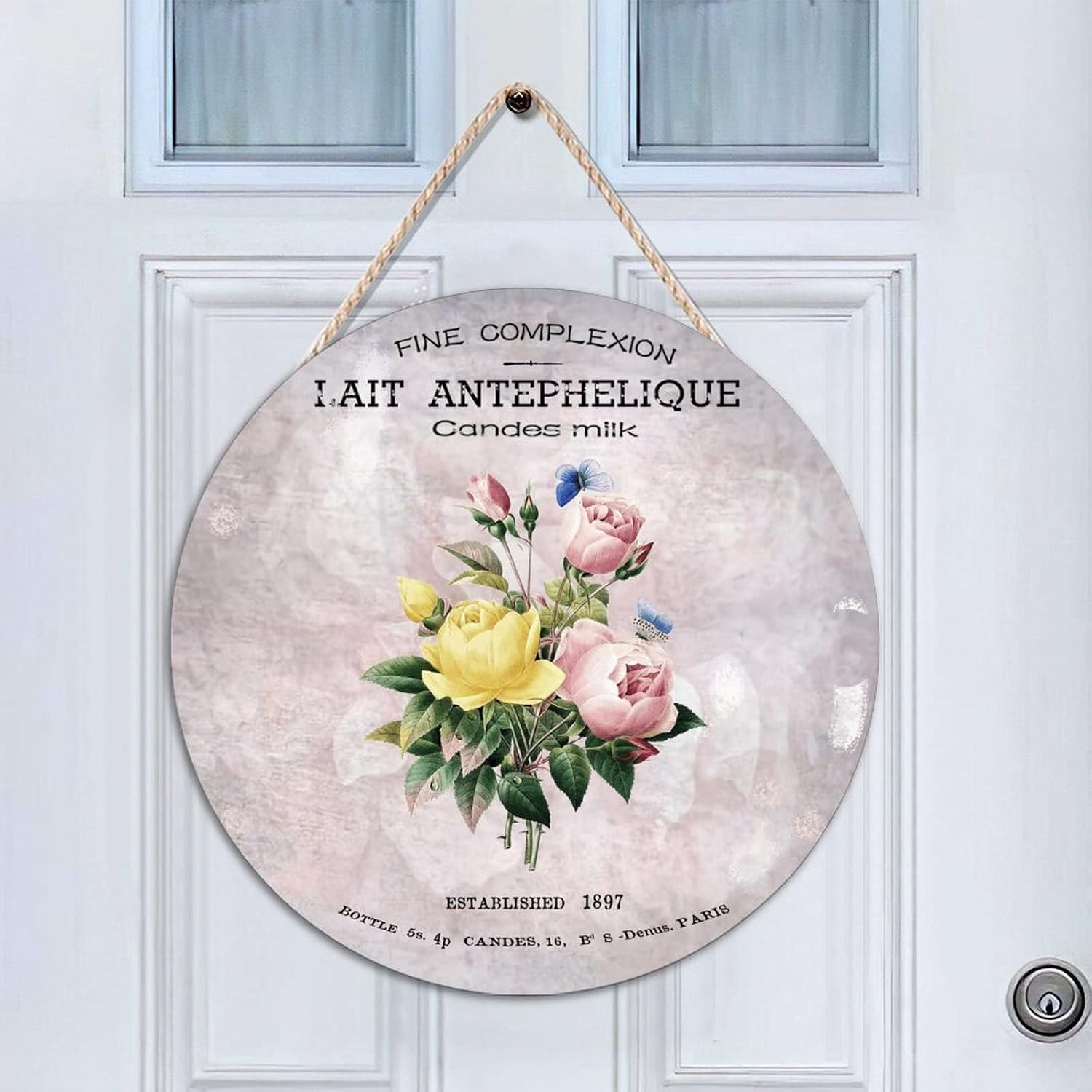 Flower Front Door Round Wood Sign, French Vintage Flower Wood Door Sign, Vintage 16x16in Wall Door Hanging Sign Decor for Outdoor Front Porch Farmhouse Housewarming Gifts