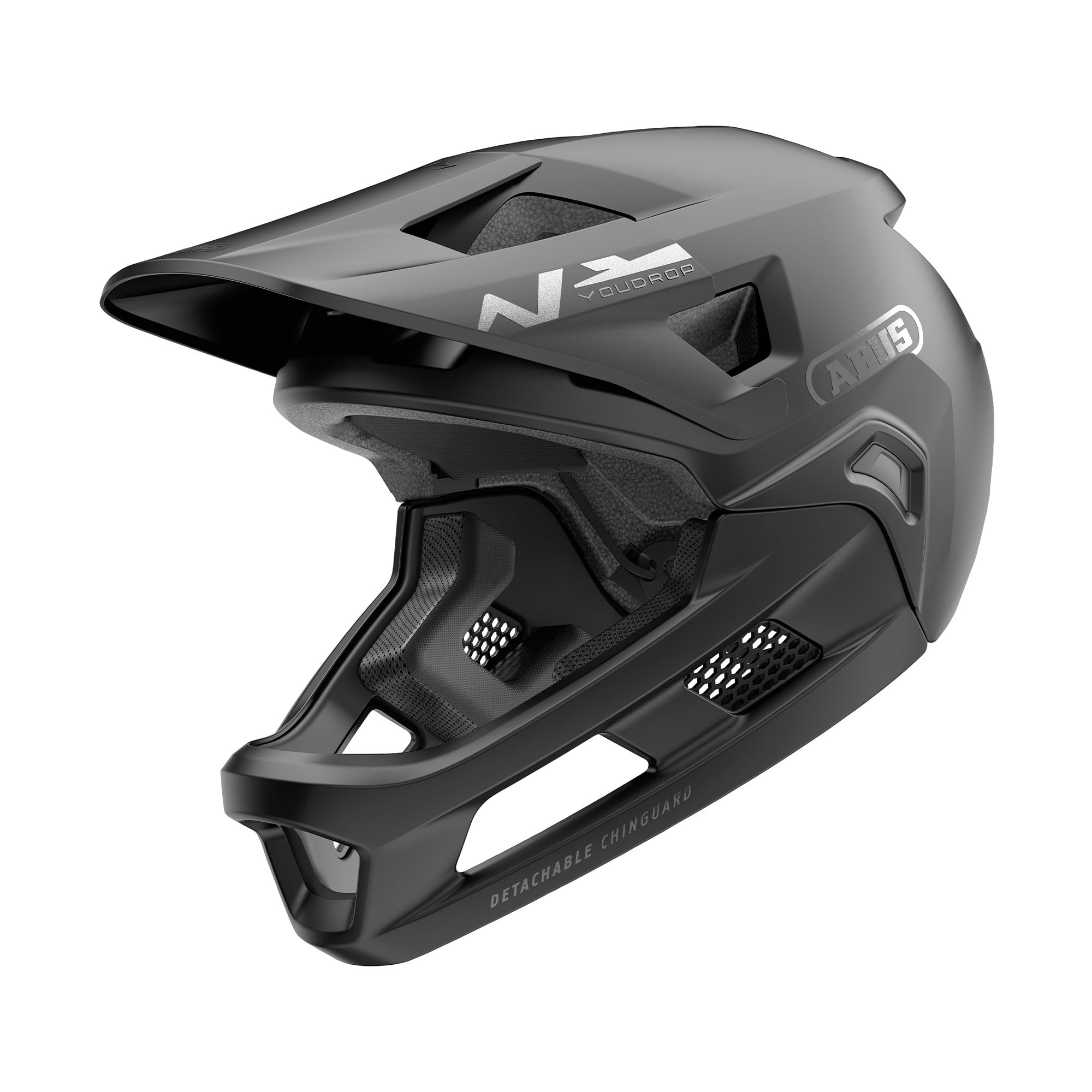 ABUS YouDrop FF - Casco de Bicicleta de montaña para niños y jóvenes, para iniciar el Ciclismo de montaña, con Protector de Barbilla extraíble, Color Negro, Talla S