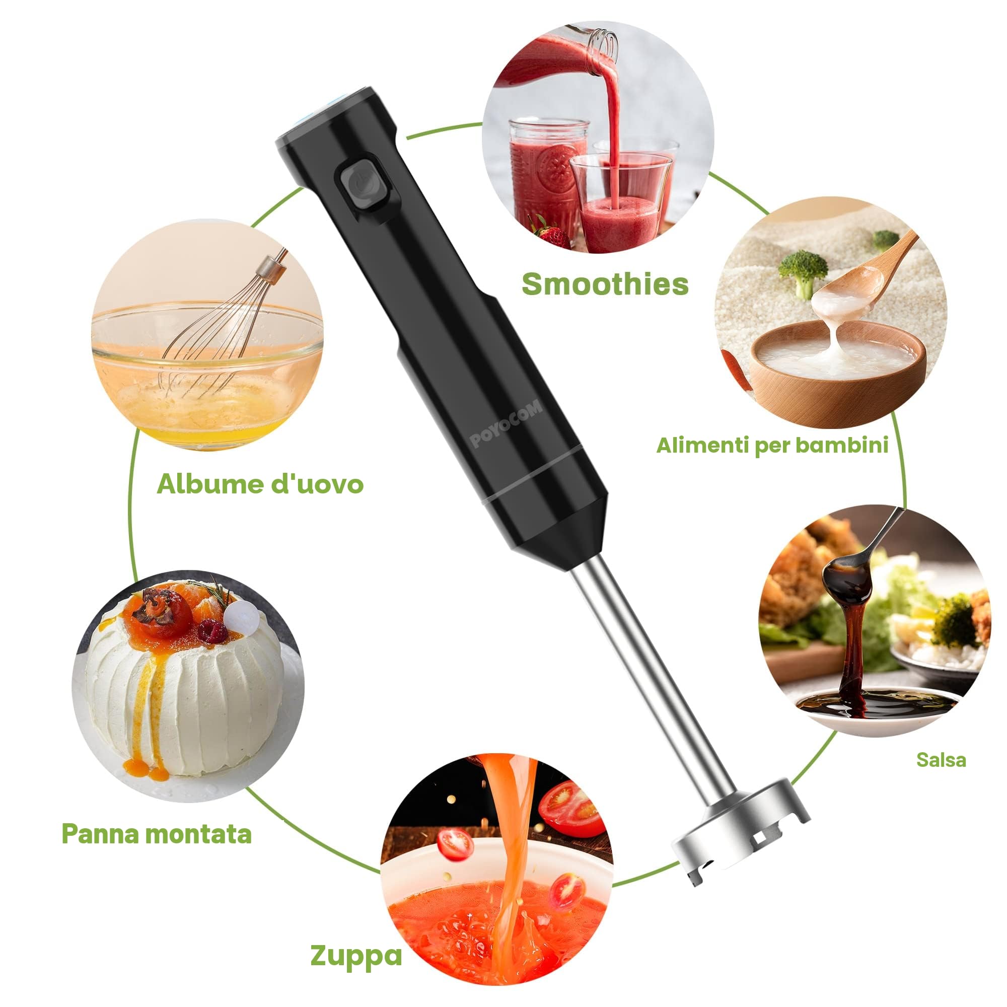 Frullatore a immersione senza fili con tritatutto per frullati e zuppe | Motore senza spazzole, Ricaricabile tramite USB-C, Lunga durata, Tritatutto da 500 ml, Recipiente da 600 ml, Frusta per uova