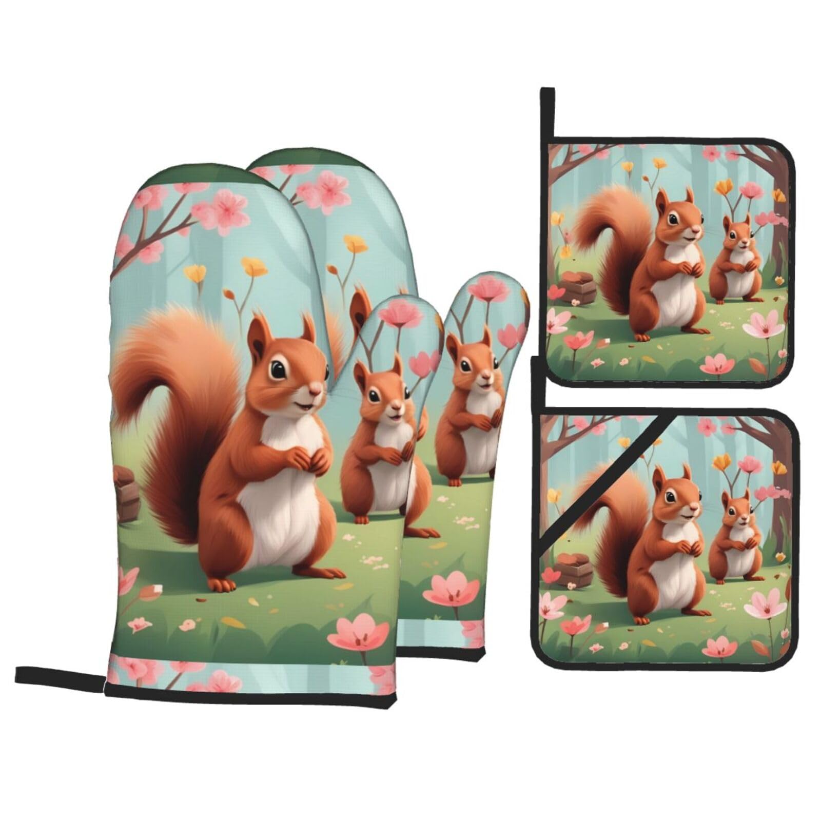 HJFCZH Squirrels in Spring Picture Kitchen Baking Set of 4 Thick Insulated Oven Mitt & Pot Holders, Anti-Scalding for Microwave, Oven, Outdoor BBQ