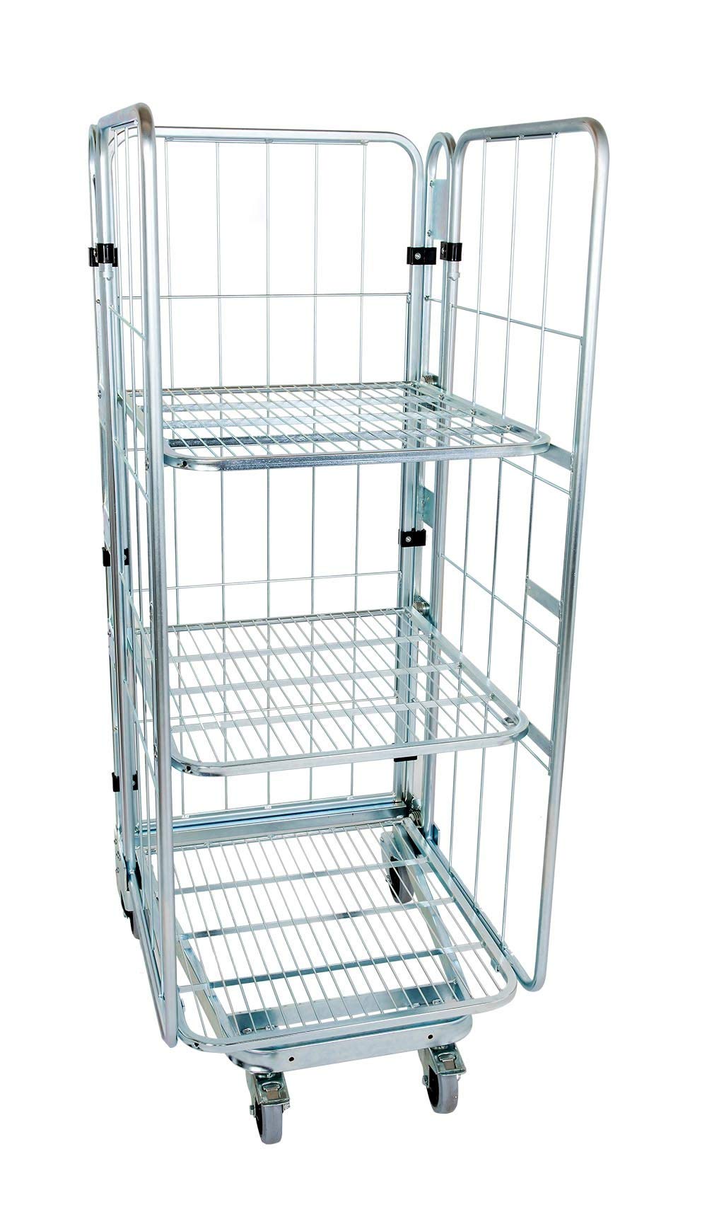 Rollbehälter 729 x 818 mm Höhe 1770 mm 3-seitig verzinkt nestbar mit 2 klappb. Zwischenböden