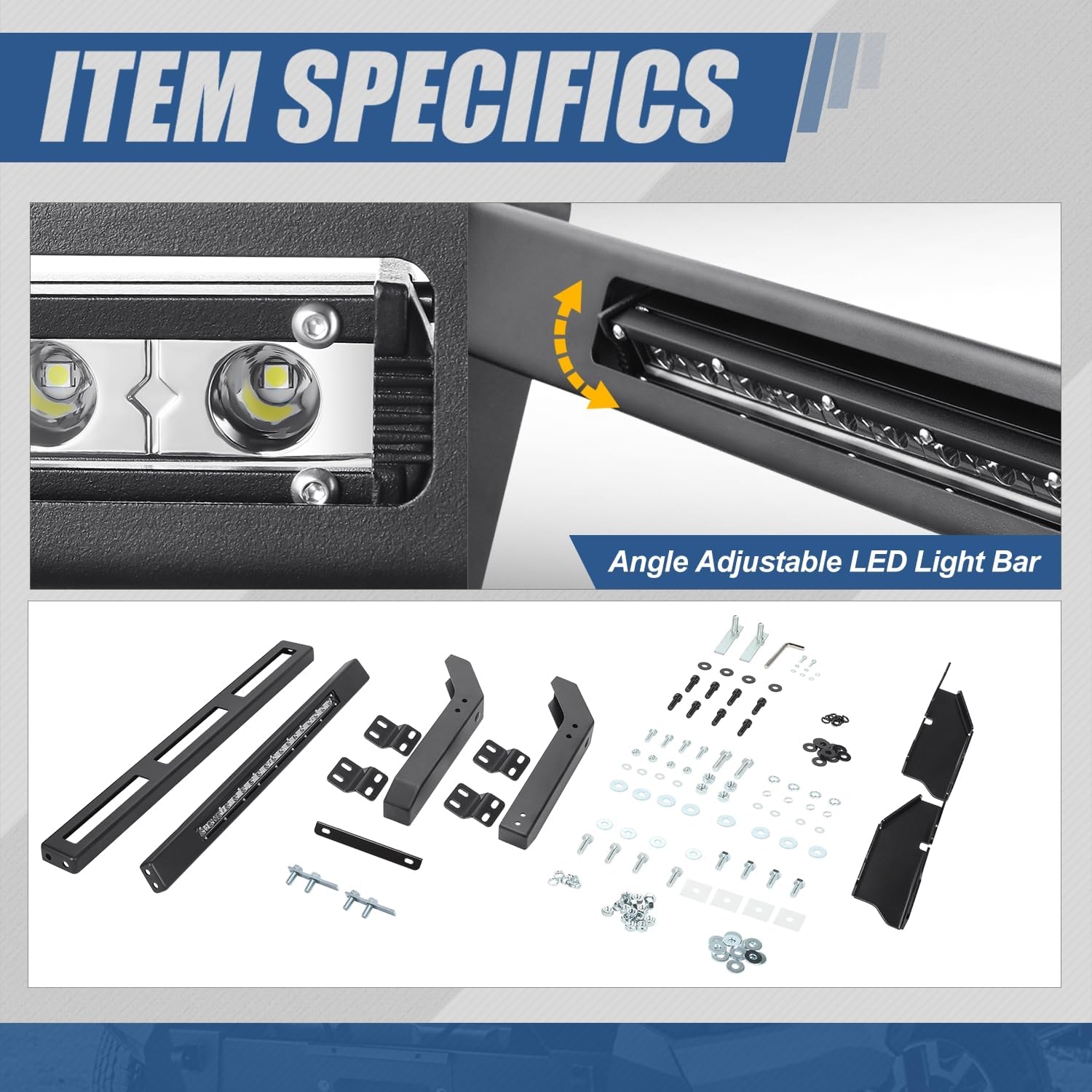 Auto Dynasty - Front Bumper Modular Bull Bar Brush Grille Guard with LED Light Bar and License Plate Mounting Bracket Compatible with Silverado Sierra 1500 2019-2024, Carbon Steel, Textured Black