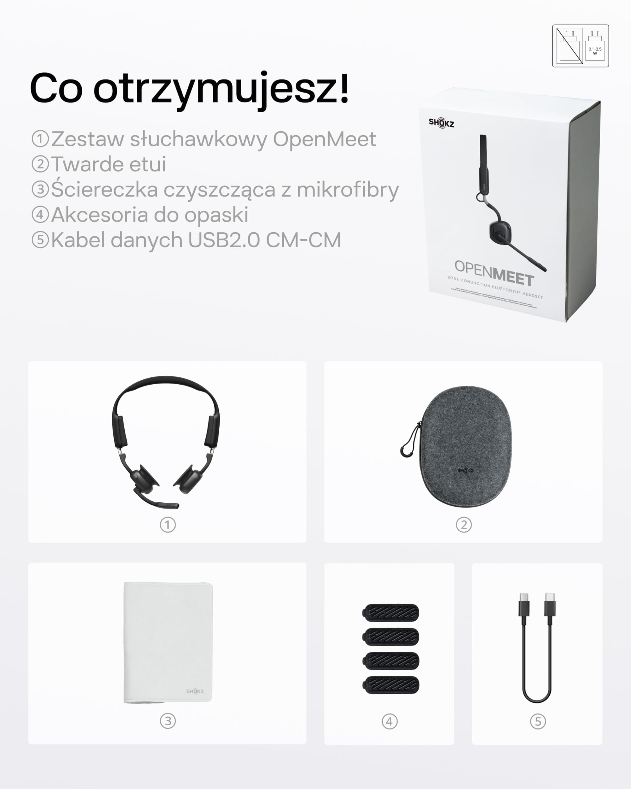 Shokz OpenMeet headset Open-Ear z 2 mikrofonami | Bluetooth 5.4, 15h baterii, 2 mikrofony z redukcją szumów, szybkie ładowanie, do pracy, połączeń i spotkań