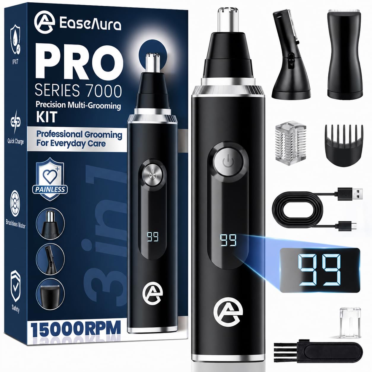 Rasoio Naso Orecchie Uomo e Donna, 3 in 1, Sopracciglia, Barba, Rasoio Naso Ricaricabile, Taglio Setole Naso e Orecchie, Rasoio Naso Testa Rotonda, Epilatore Naso, Forbici, Nero Carbon