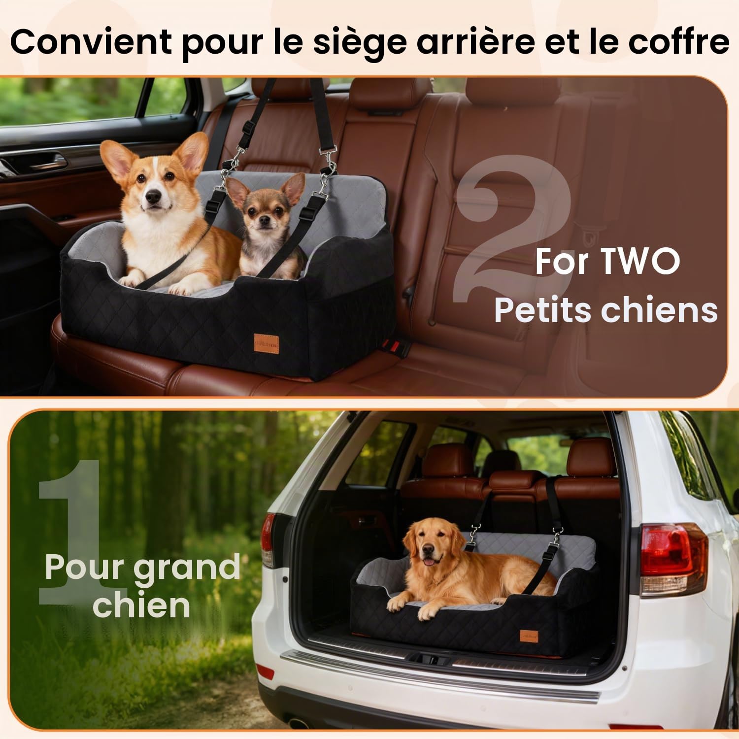 Siège Auto pour Chien de Moins de 25 kg, 80 x 50 x 42 cm | Cojín de 71 x 42 x 10 cm, funda extraíble y lavable, base antideslizante, 2 correas de seguridad