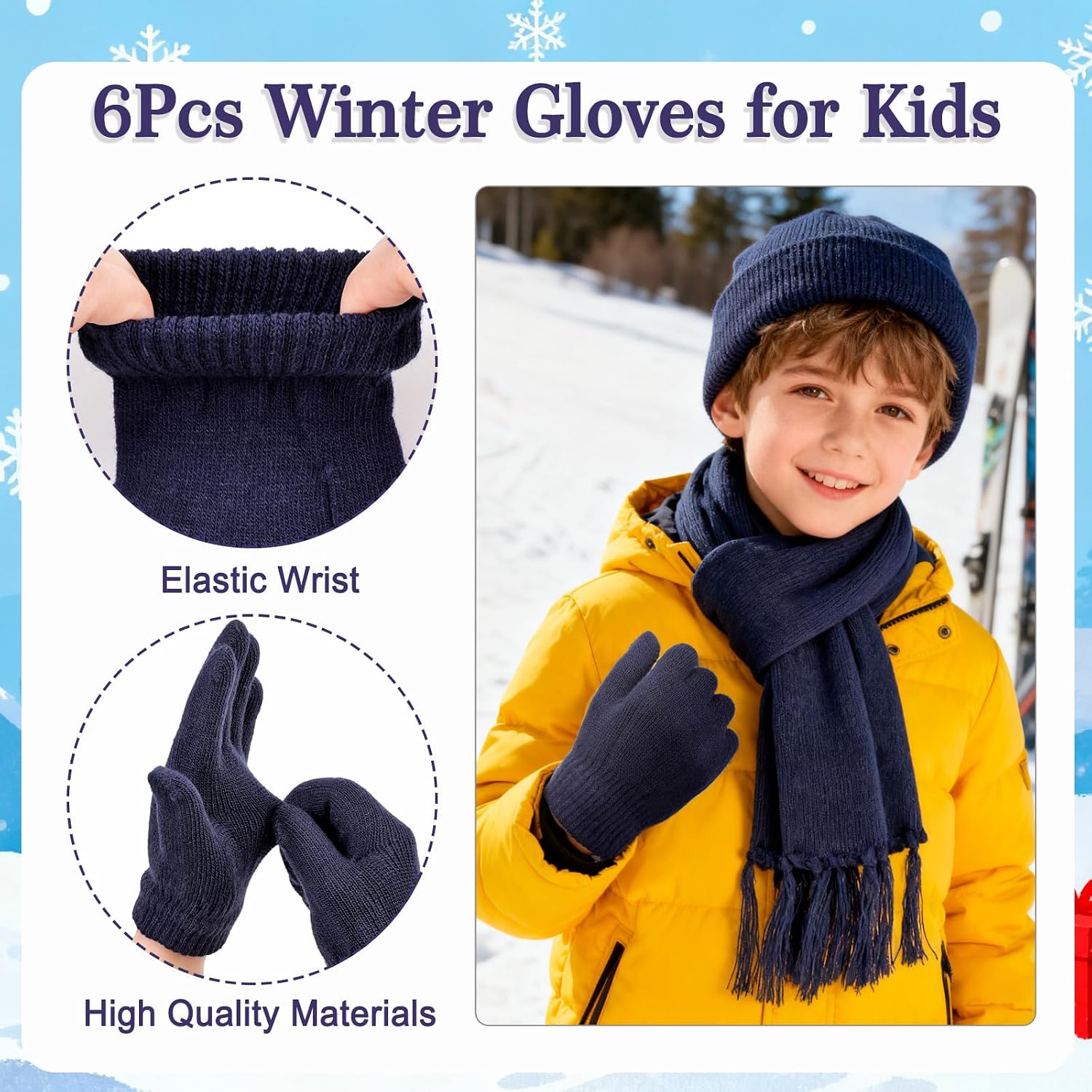 QKURT 6 Sets Kids Winter Hat Scarf Gloves Set, 6 Colors Knit Warm Soft Hat Long Scarf Snow Gloves for Boys Girls Ages 5-12, Winter Accessories for Outdoor School Cold Weather Holiday