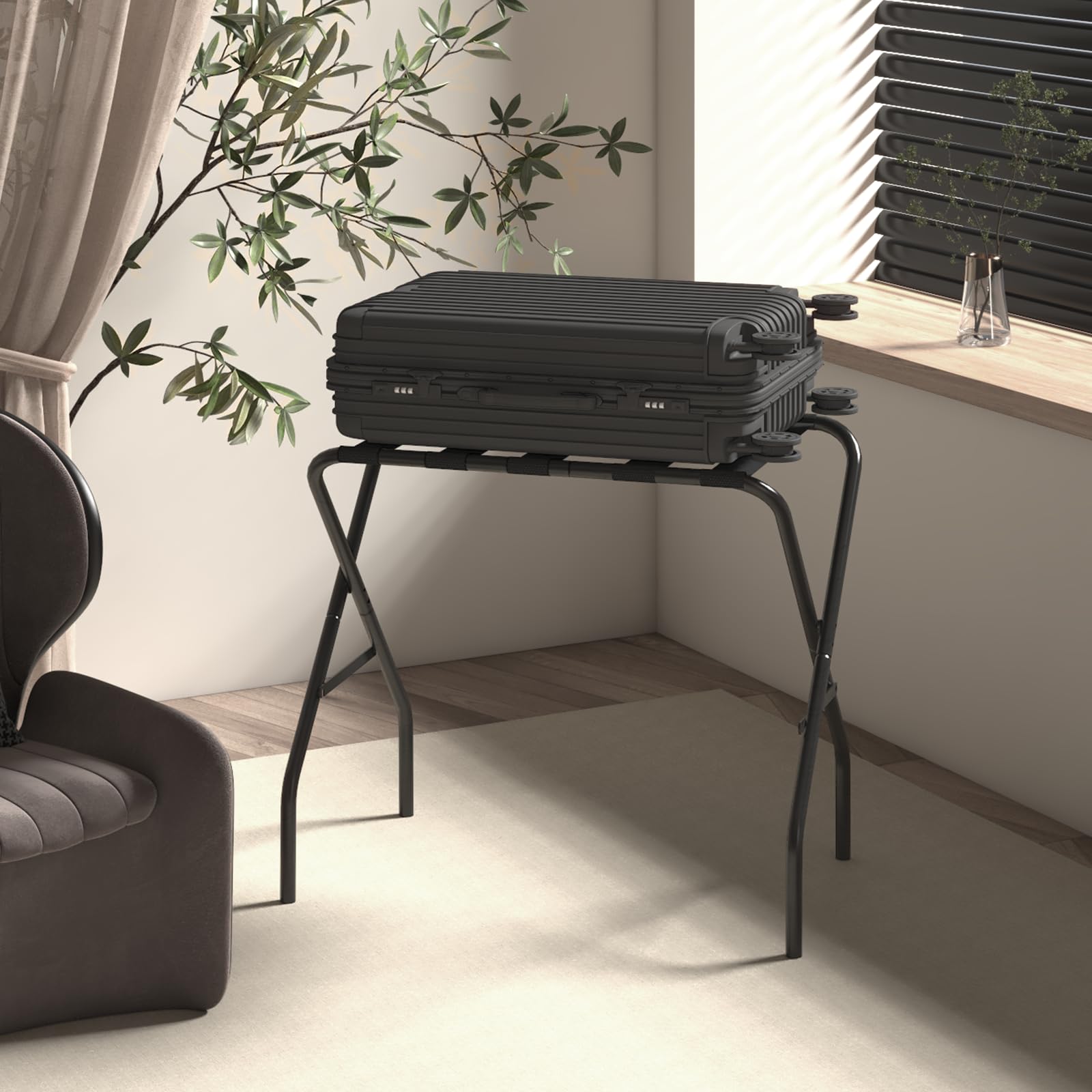 Portavaligie Pieghevole in Ferro 2 Pezzi 64x38x56 cm Nero per Hotel e Viaggi