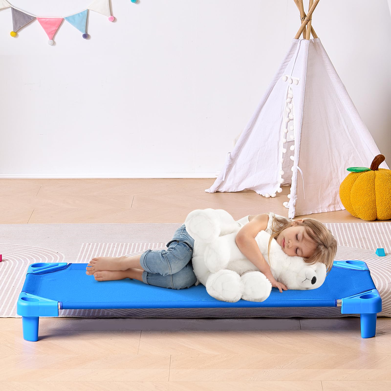 VEVOR Lit de Sieste empilable pour Enfant, 6 pcs, lit de Couchage Portable pour Tout-Petits, 130 x 57 cm, lit de garderie pour Enfants, pour Salle de Classe préscolaire, pour Dormir, se Reposer, Bleu
