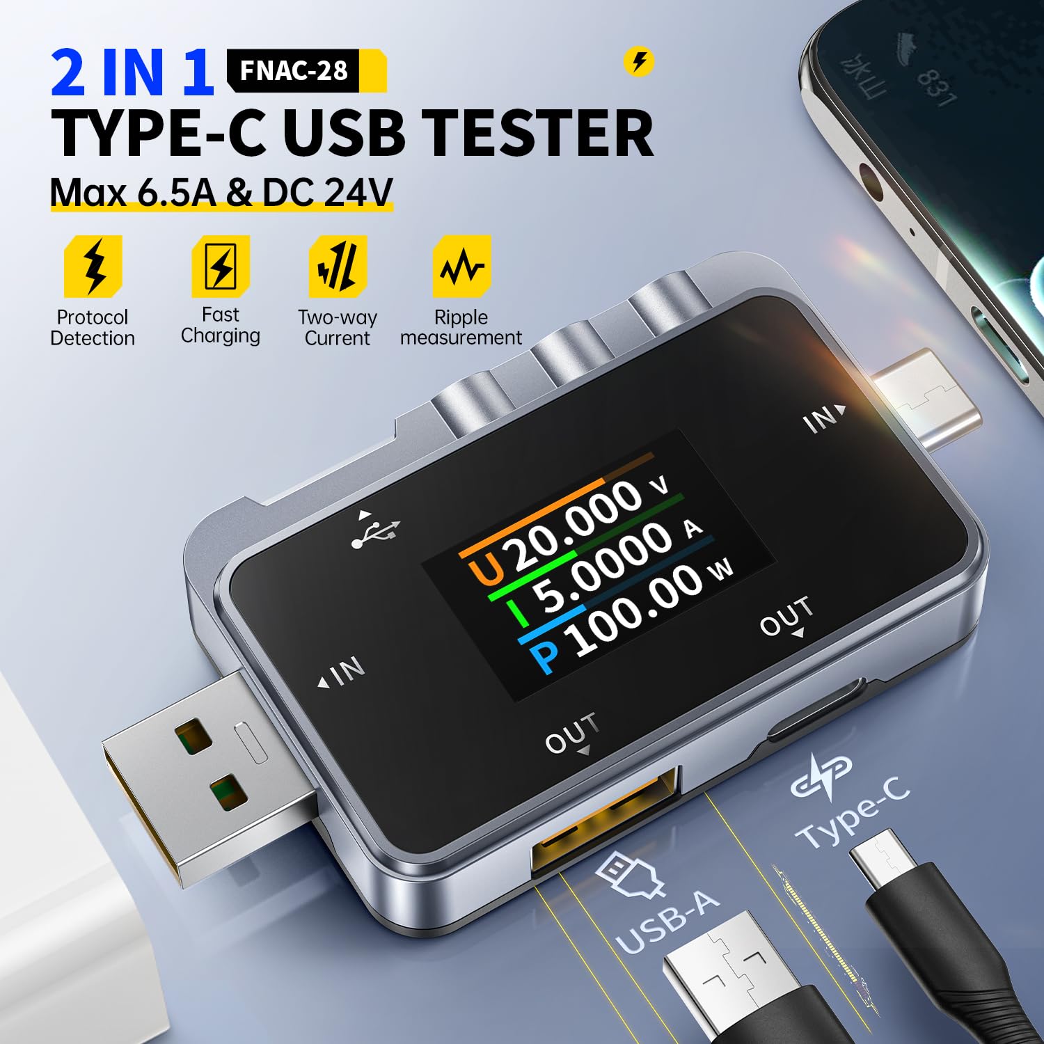 FNIRSI FNAC-28 USB Tester Voltage Current Power Tester Multimeter, Fast Charge Detection — Amazon image 2