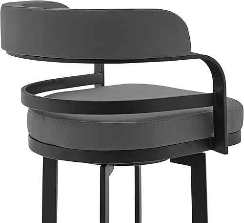 Vista 123 de Armen Living Prinz Taburete giratorio de 26 pulgadas de altura de mostrador en piel sintética negra y acabado de acero inoxidable cepillado