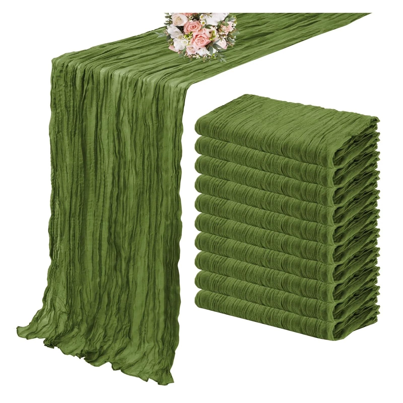 Chiffon Table Runner 10PCS Green Gauze Table Runner Setting Dining Wedding Party Banquets(10Pcs Olive,90X400cm)
