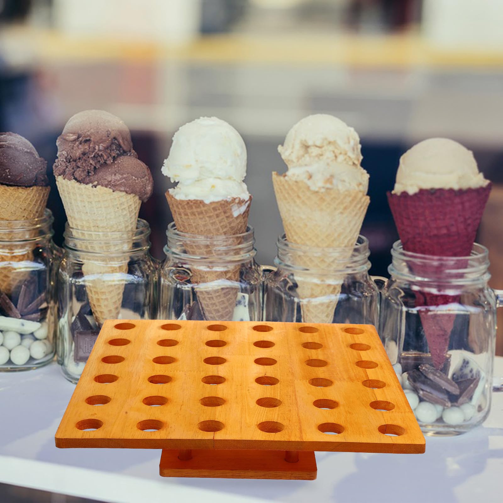 Supporto per Cono Gelato in Legno Fori per Sushi e Coni, Porta Coni Gelato da Banco, Robusto e Lucidato per Gelaterie e Ristoranti