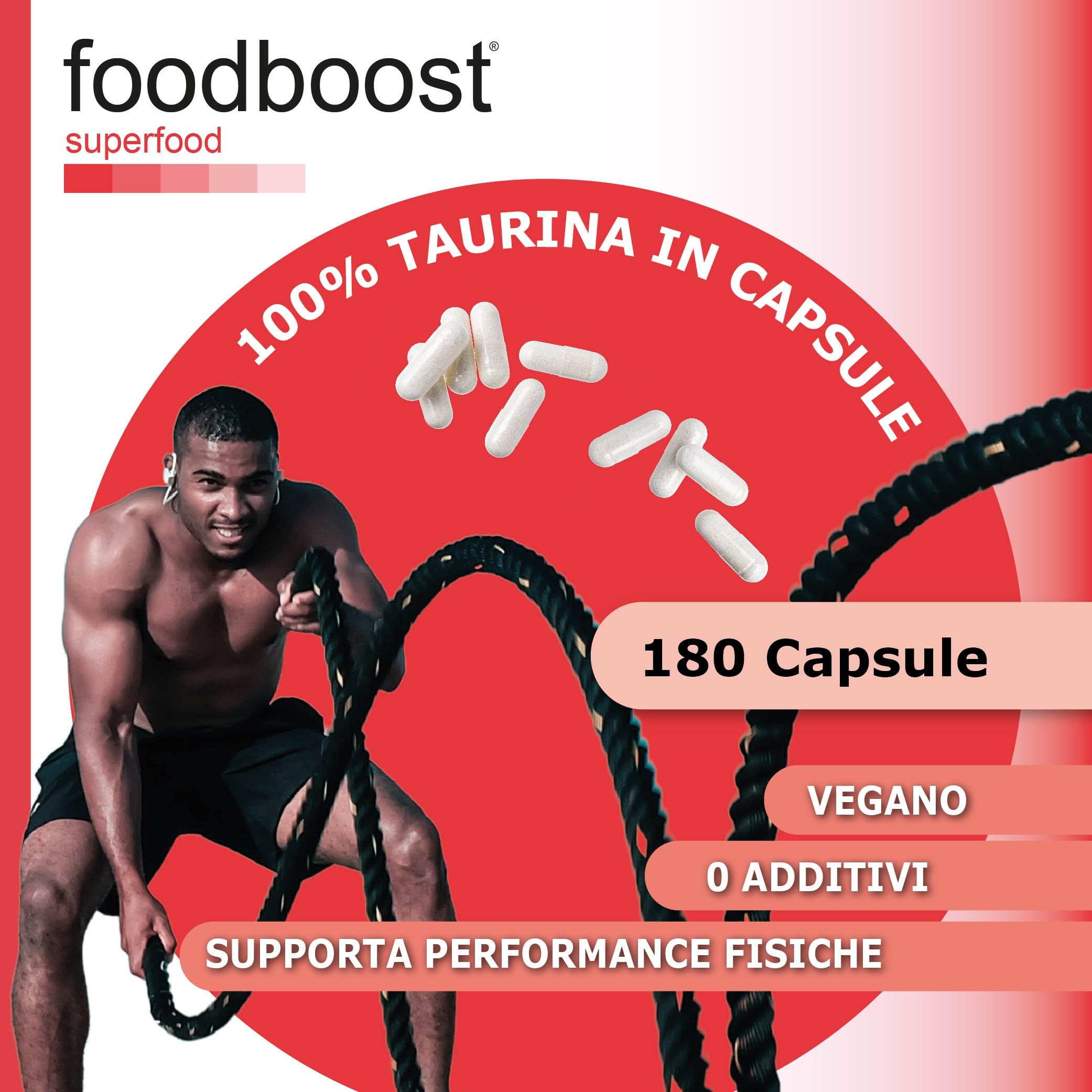 foodboost Taurina 750 mg - 180 Capsule Vegane (3 Mesi) - Integratore Energetico pre workout/post workout, Antiossidante, Supporto Benessere Cardiaco e Muscolare - Assorbimento rapido - Ø additivi
