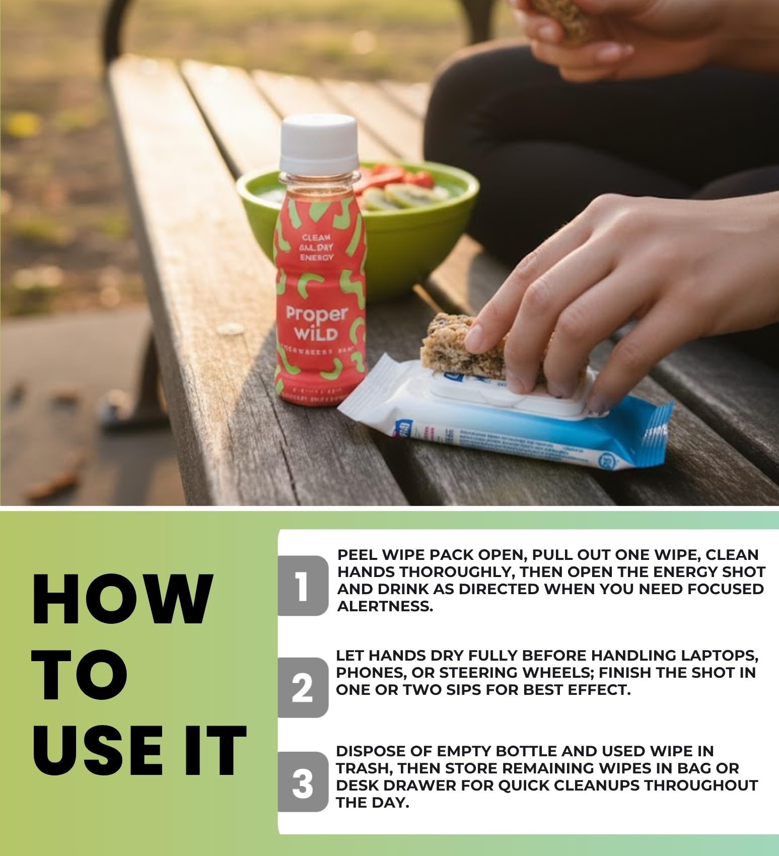 3x Proper Wild Shot Energy Strawberry Kiwi 2.5 FO Bundle with Hand Sanitizing Wipes – Clean Energy Shots with GreenTea Caffeine & L-Theanine for Focus and Endurance — Gift Set (4 Items)