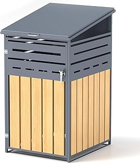 Mülltonnenaufbewahrung aus Metall für 120–240 Liter, (B) 142 x (T) 85 x (H) 130,5 cm, Holzmaserung, verzinkter Stahl, Mülltonnenabdeckung für den Außenbereich, mit abschließbarer Tür für Hinterhof,