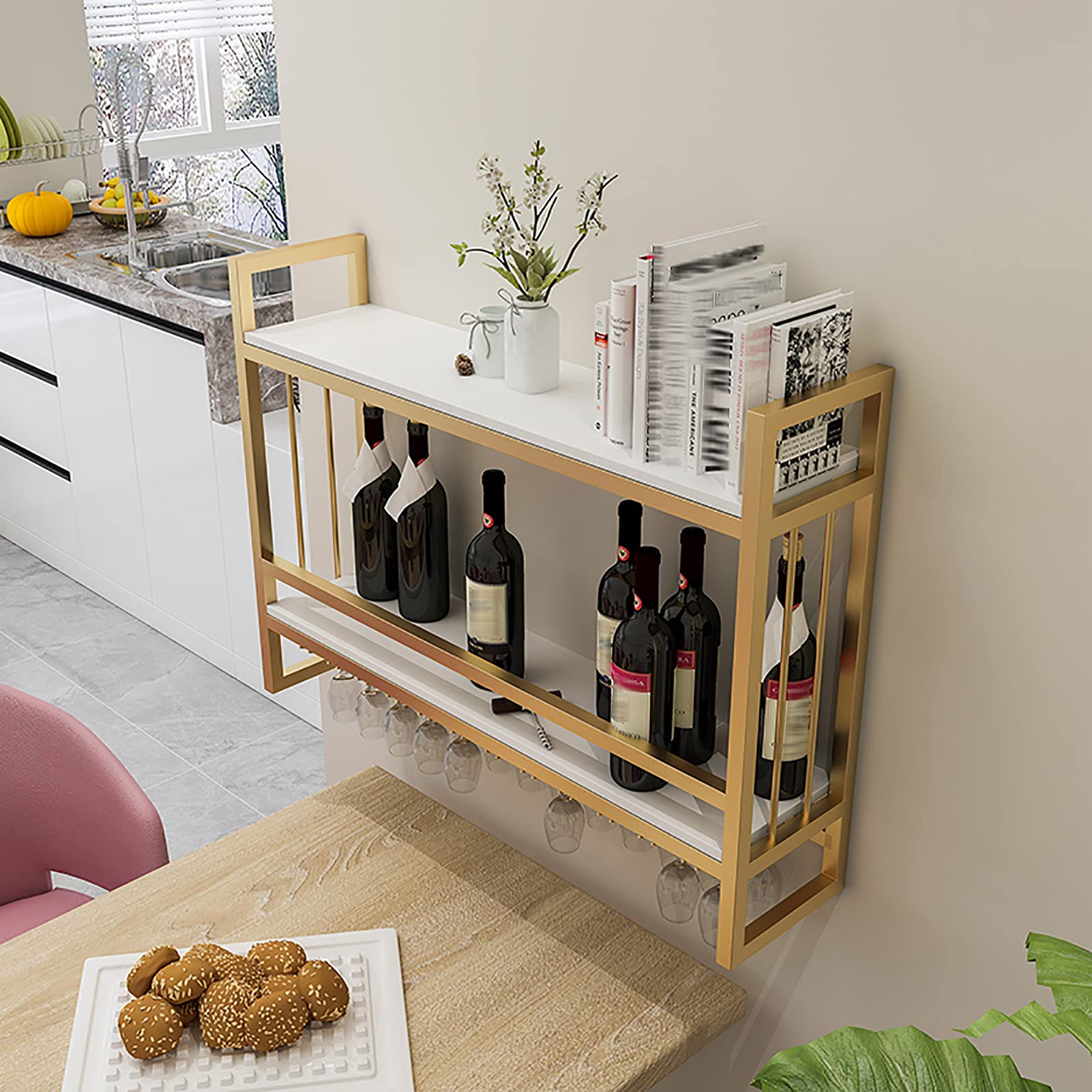 Wijnrekken Home/Bar Retro Wandmontage, Houten Vintage Fles & Glashouder, Geschikt voor 6 Flessen, 6 Glazen, Rustiek, voor Bar Keukenkast Organizer Home Decor