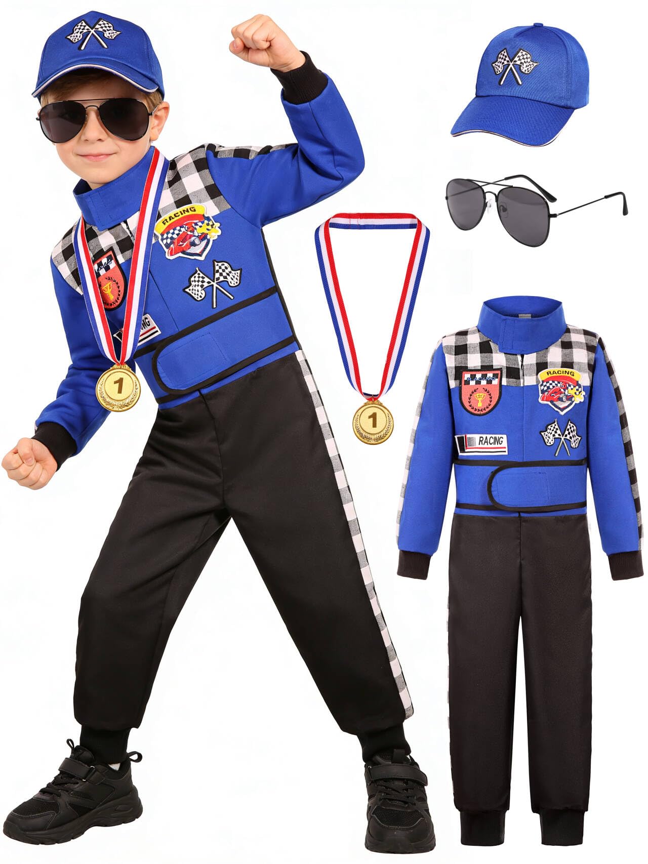 Bordazor Kids Race Car Driver Costume Boys Racer Jumpsuit With Car Cap Halloween
