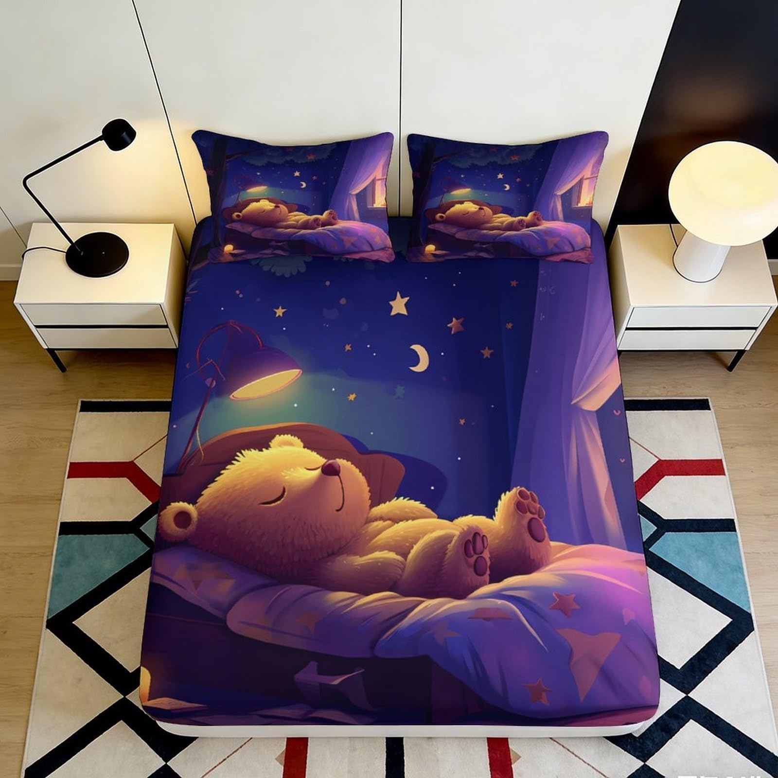 3D Printed Sleeping Bear Fitted Sheet Microfiber Soft Breathable Starry Night Bed Cover for Bedroom Dormitory Guest Room Mattress Protection Decor 160x200x25cm