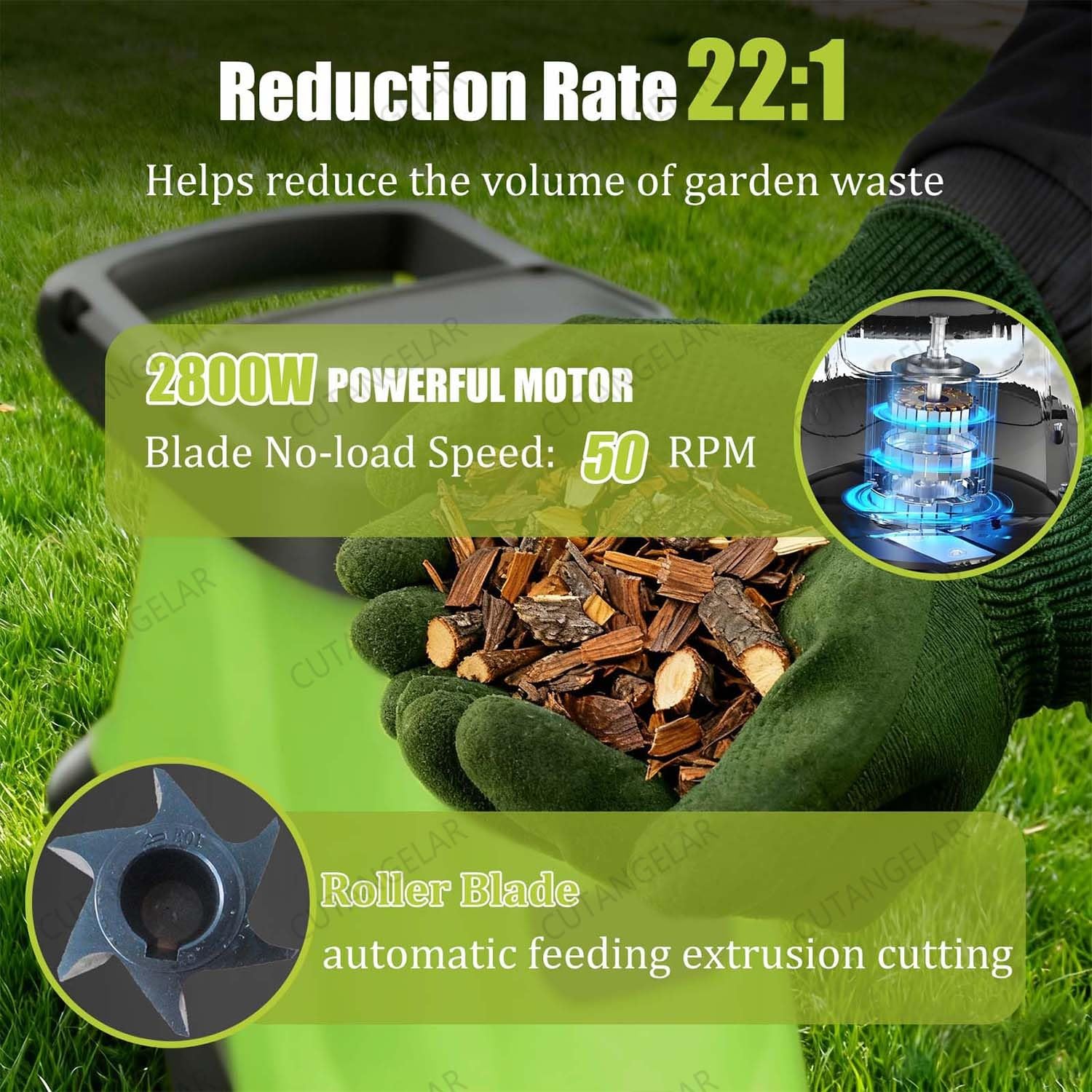 Broyeur Jardin Déchiqueteur, Déchiqueteur Électrique 2800W Avec Largeur Coupe 45mm, Bac Détachable 60L, Lames Acier Réversibles Et Arrêt Automatique, Pour Débris Jardin Robustes.