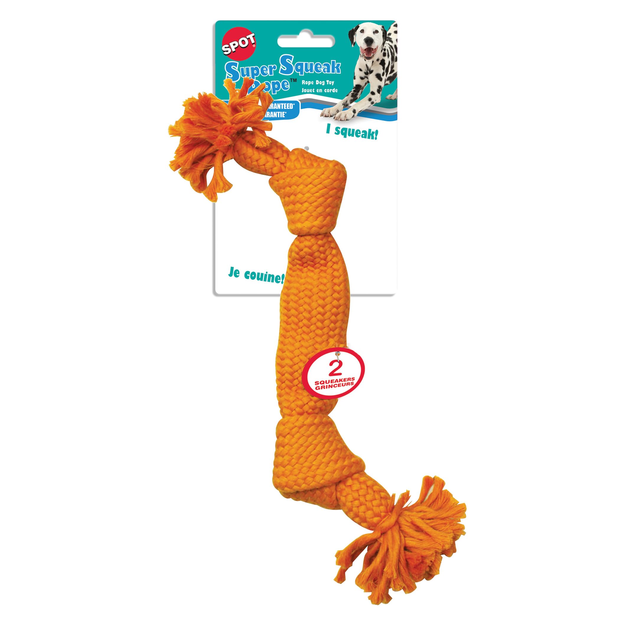 SPOT Super Squeak Rope - Woven Rope with Two Squeakers, Makes Noise When Pulled, Great Toy for Fetch and Tug, for Medium to Large Breed Dogs and