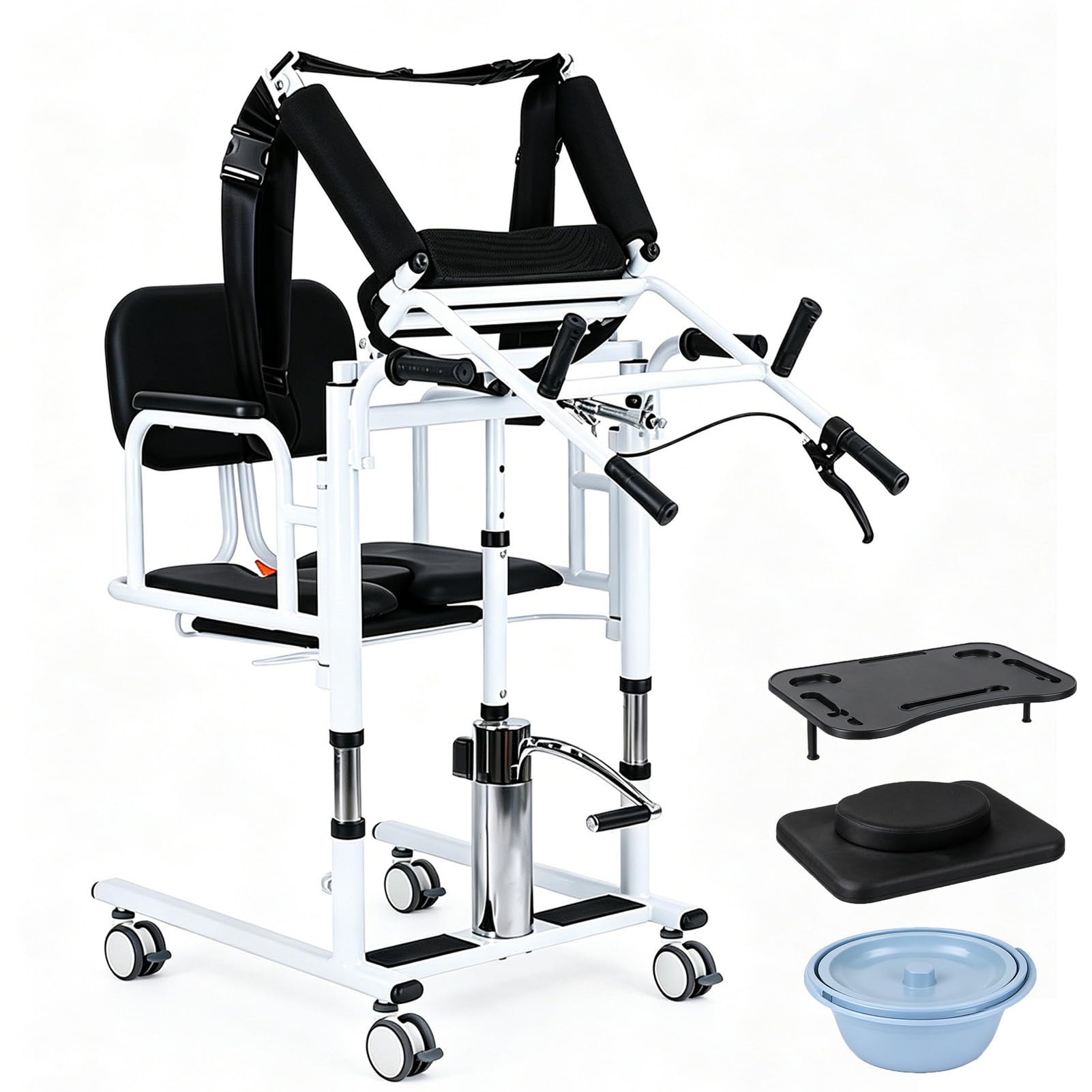 Silla Transferencia Ancianos Hidráulica 200kg,Elevador de Pacientes Portátil Y Liviano,Asiento Dividido 180°, Altura 41-65cm, Ruedas con Doble Freno, 4 en 1: Ducha, WC, Comedor, Sillón