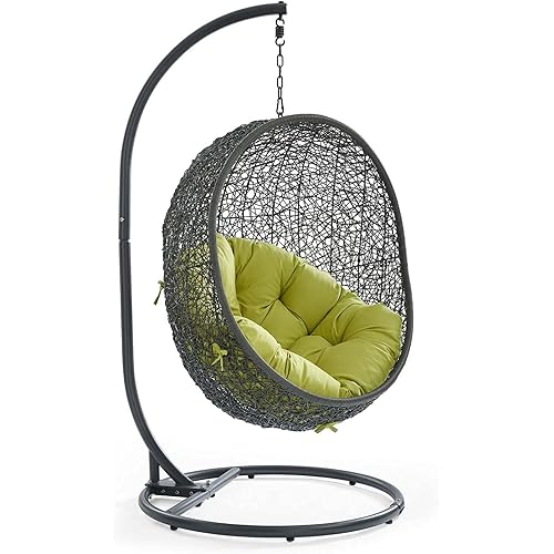Modway Hide Wicker Rattan Outdoor Patio Porch Lounge Egg Swing Chair Set with Stand in Gray Peridot