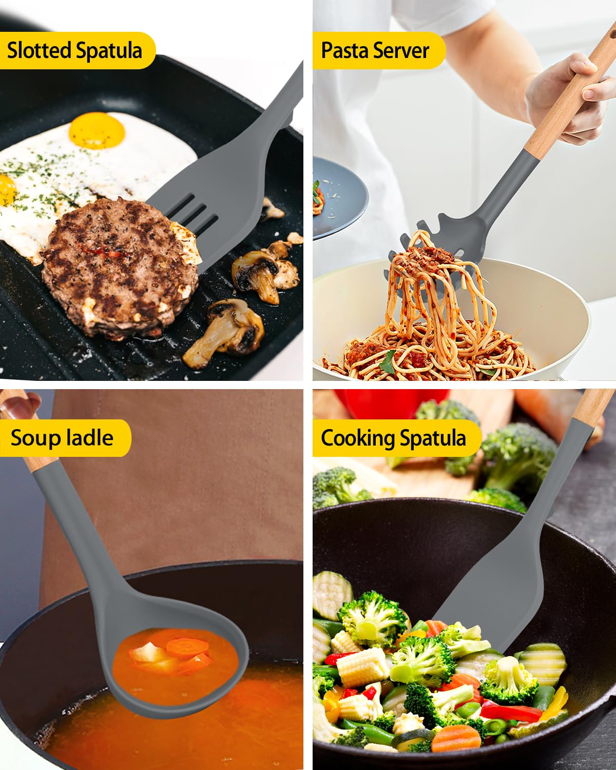 Set di utensili da cucina in silicone per pentole non appiccicose, 7 pentole resistenti al calore con manico in legno, utensili da cucina senza BPA, con spatole, cucchiai, skimmer e forchetta per