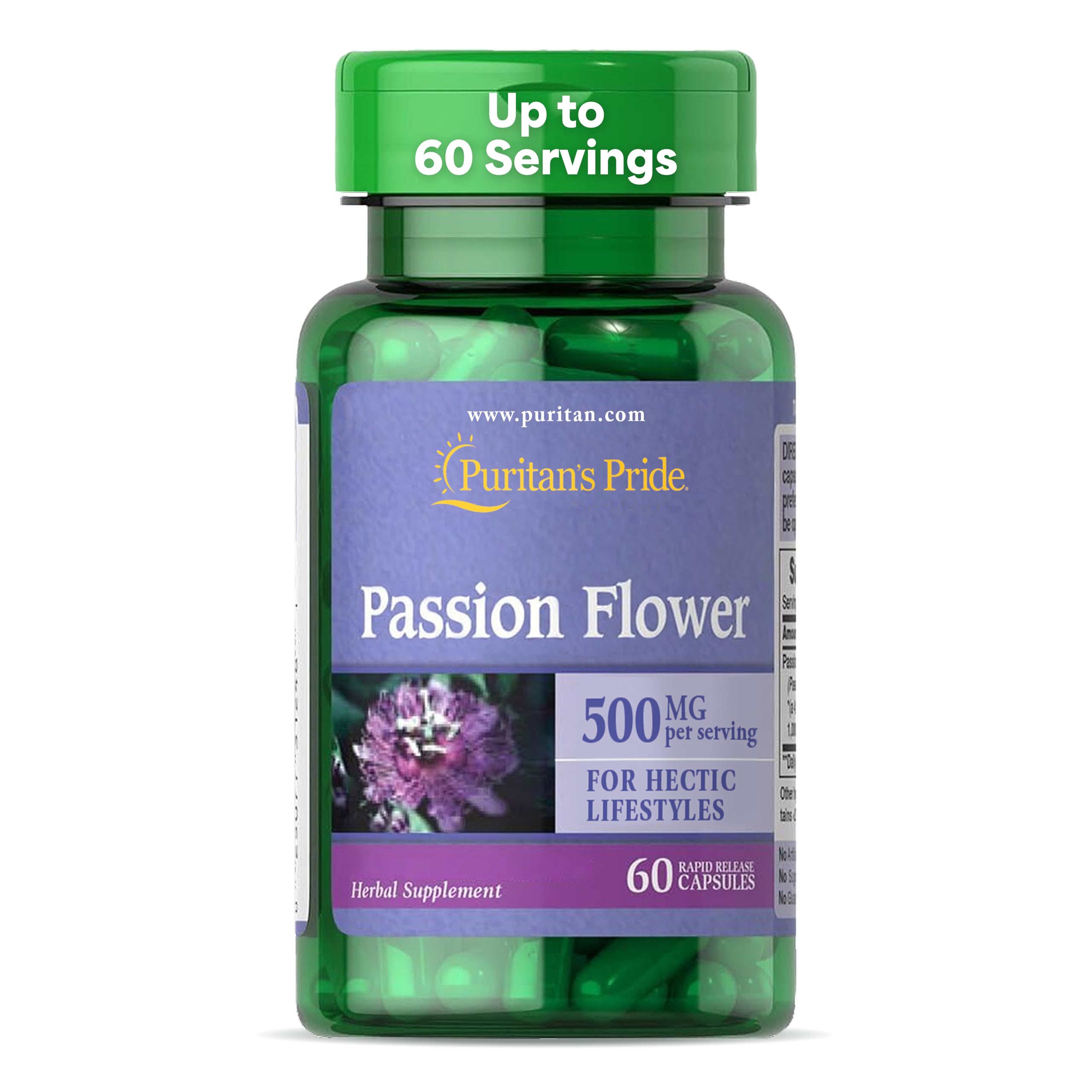 Puritan's Pride Premium Passion Flower Extract Capsules 250 mg(1000mg equivalent), Concentrated Herbal Dietary Supplement for Traditional Stress Relief Support, 60 Rapid Release Capsules