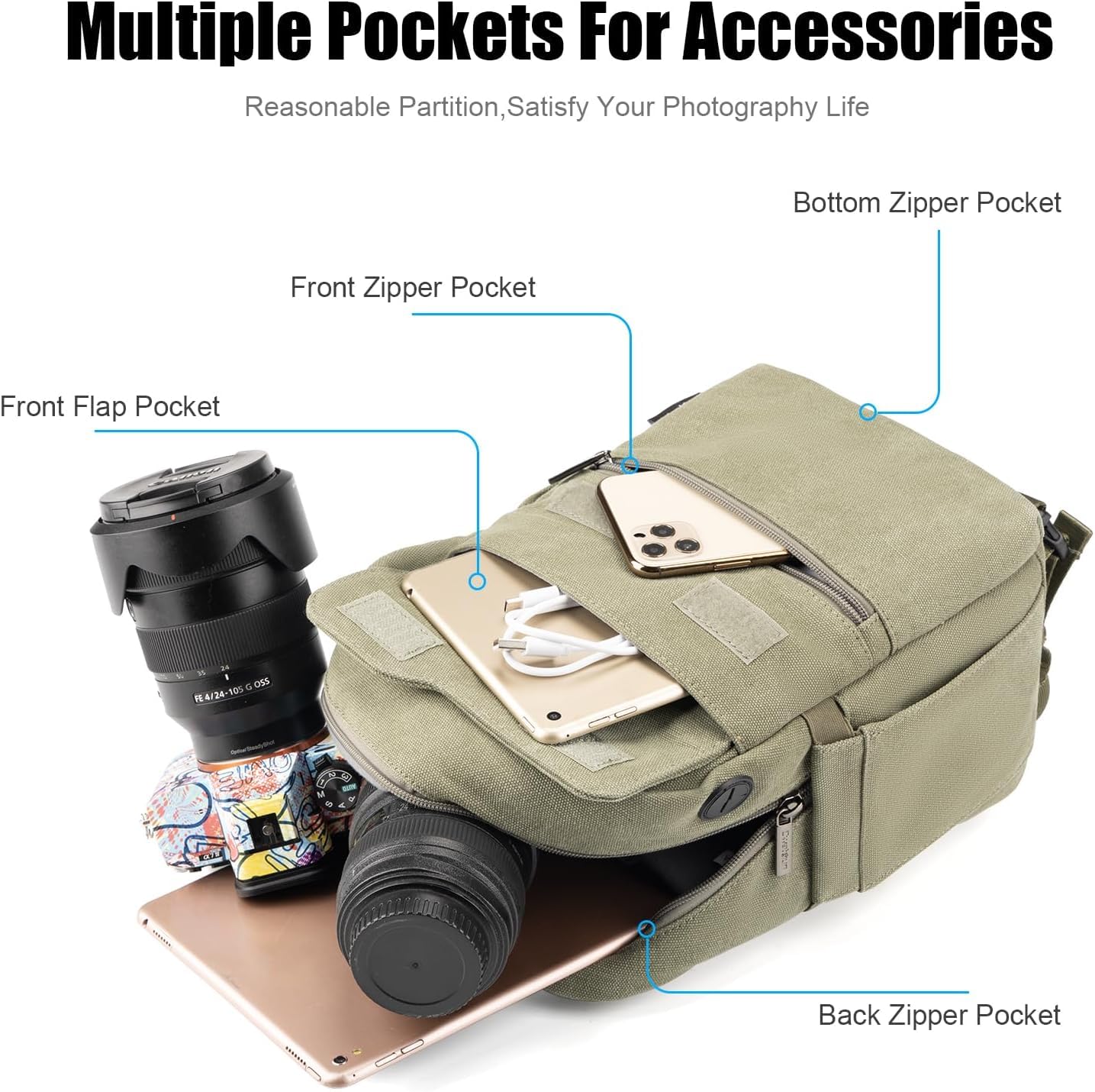 Cwatcun Borsa per fotocamera, borse impermeabili per fotocamera Borsa a tracolla grande, borsa per fotocamera per SLR, SLR/DSLR, fotocamera compatta, fotocamera di sistema e accessori, Verde,L