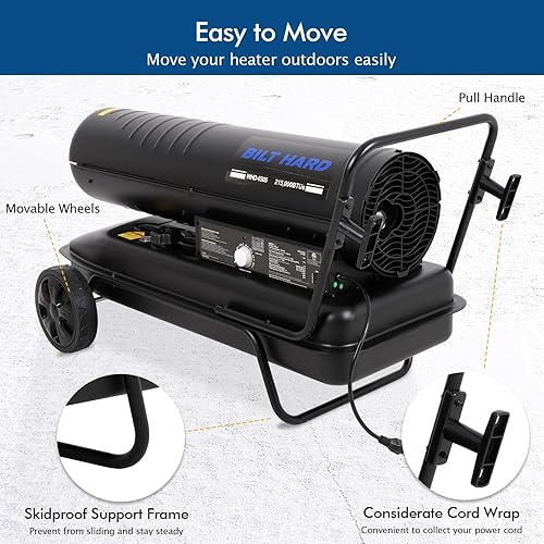 Miniatura 6 de BILT HARD Calentador diésel de queroseno de aire forzado de 215,000 BTU con ruedas, calentador portátil de torpedo con control de termostato para