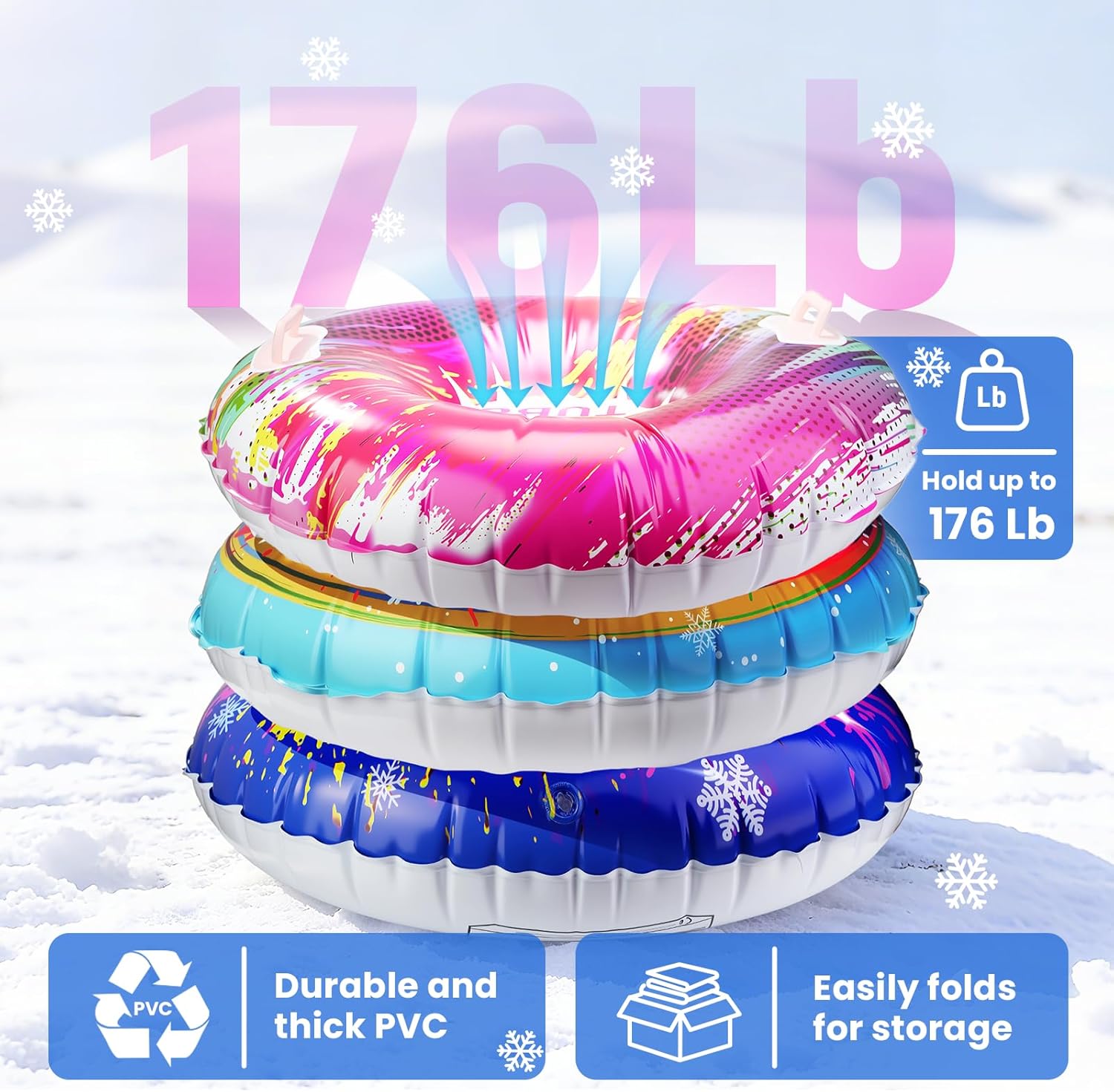 Snow Tubes, Inflatable Snow Sled with Leak-Proof Valve and Handles for Kids and Adults, Tube with Bottom for Winter Outdoor, Gift and Family, 3 Pack