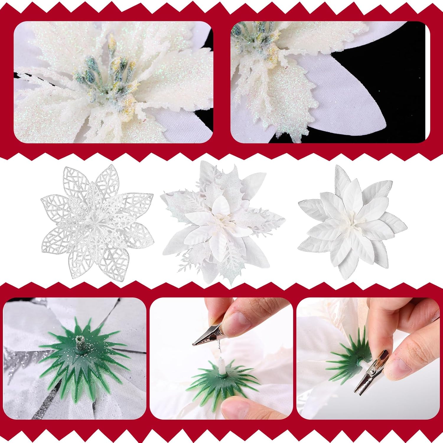 Zeyune 60 Pcs Christmas Flowers Glitter Poinsettia Flower, 3, 4, 6 Inch Artificial Flowers for Decoration with Clips for Christmas Tree Holiday Outdoor Seasonal Party Wedding Decoration(White)