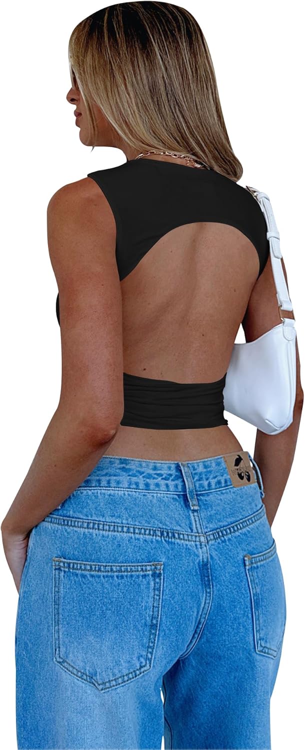 YFANG Women's Sexy Backless Crop Tank Top Ruched Summer Casual Y2K Top - Image 4
