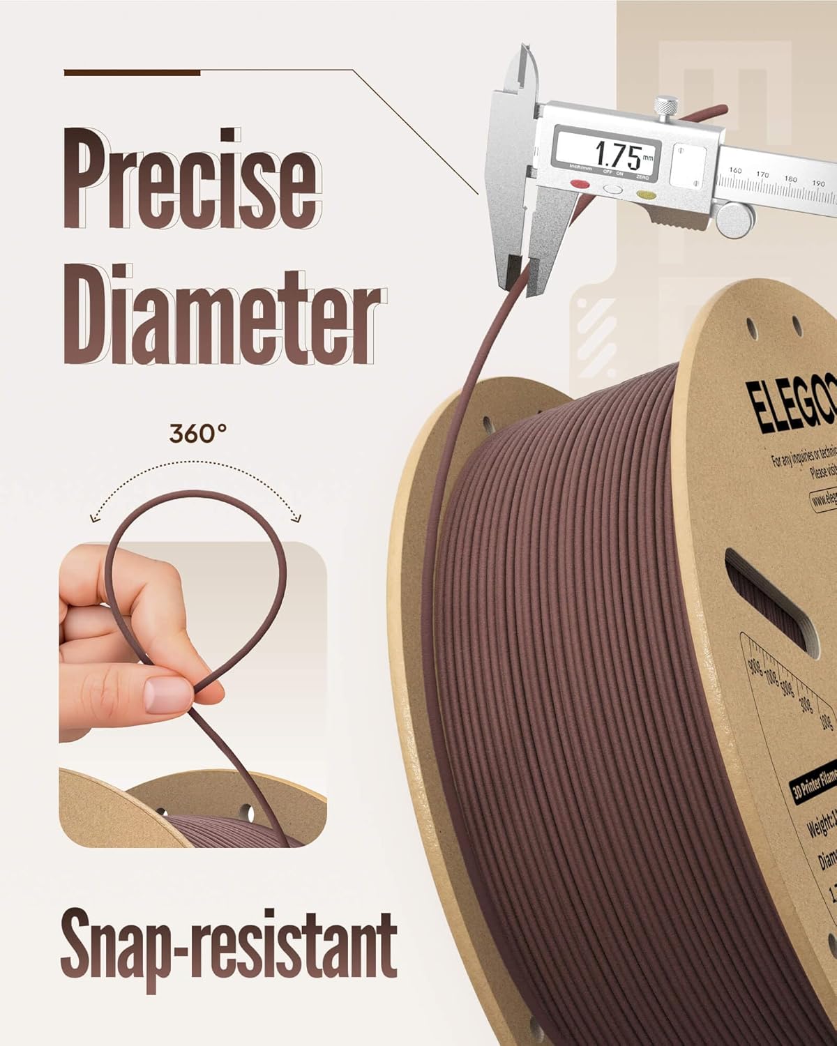 ELEGOO PLA Filament 1.75mm Teak Wood 1KG, Real Wood Flour Added 3D Printer Filament, 1kg Spool(2.2lbs) Fits for Most FDM 3D Printers
