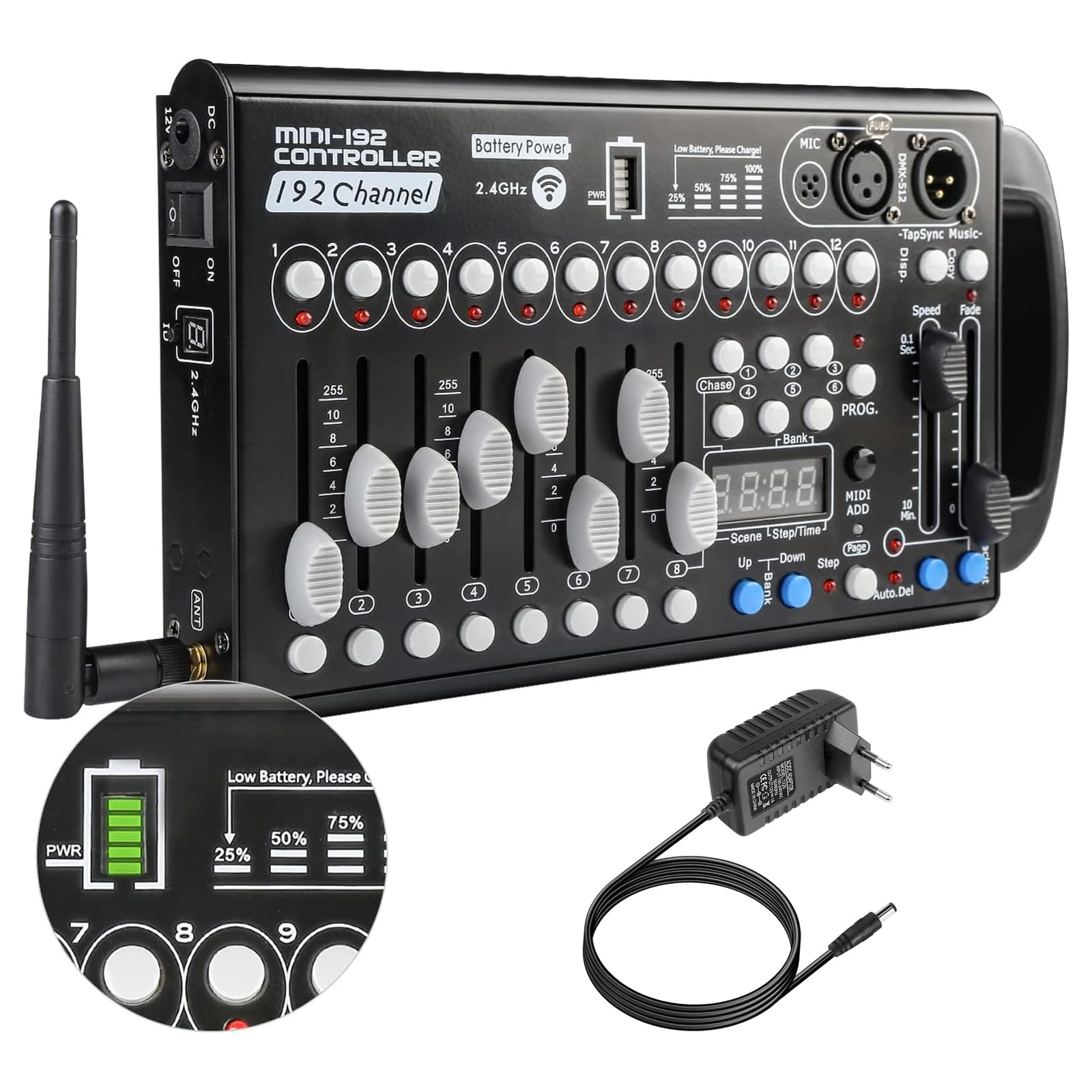 Drahtloser Dmx Controll Lichtmischpult Dmx Controller Eingebaute Batterie 192 Kanäle Dmx Konsole, Wireless Lichtmixer Dmx512 Controller Musikgesteuert Akku Lichtpult Dmx Pult Partylicht Dmx Controler