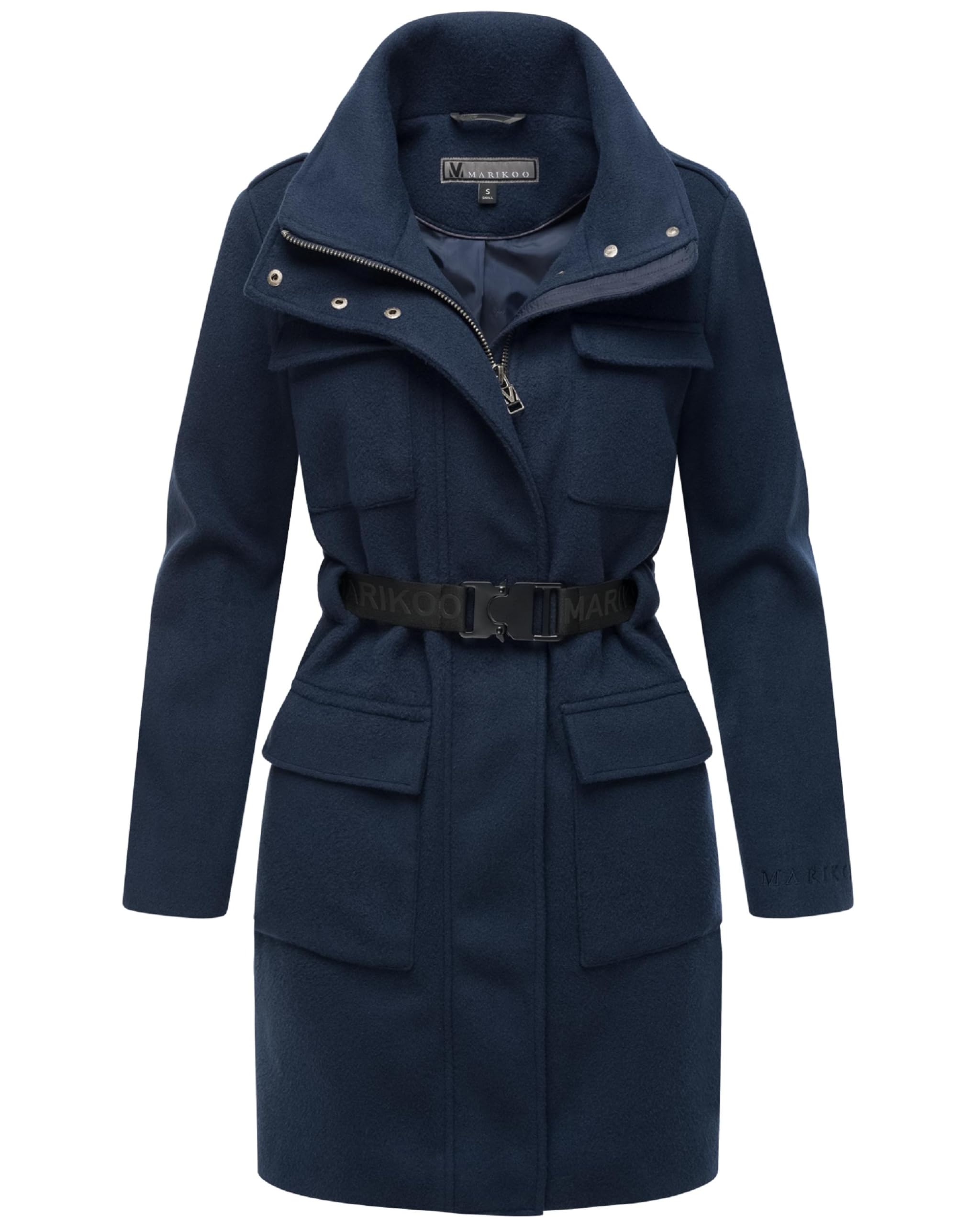 MARIKOO Damen lange Übergangsjacke Kurzmantel in Woll-Optik mit Taillengürtel Tanokoo 16 XS-XXL